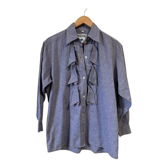 Moschino Jeans Ruffle Chambray Long Sleeve Button Blouse Size S - Picture 1 of 9